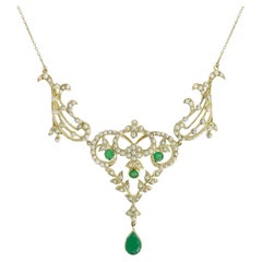 Emerald Pearl Floral Necklace with Pear Drop in Solid 14K Yellow Gold