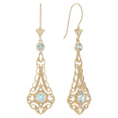 14K Solid Gold Blue Topaz and Rose Cut Diamond Filigree Dangle Earrings