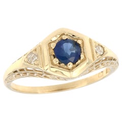 14K Yellow Gold Solid Sapphire Diamond Edwardian Style Hexagon Engagement Ring