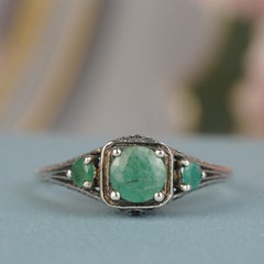 Silver925 Natural Emerald Vintage Style Ring