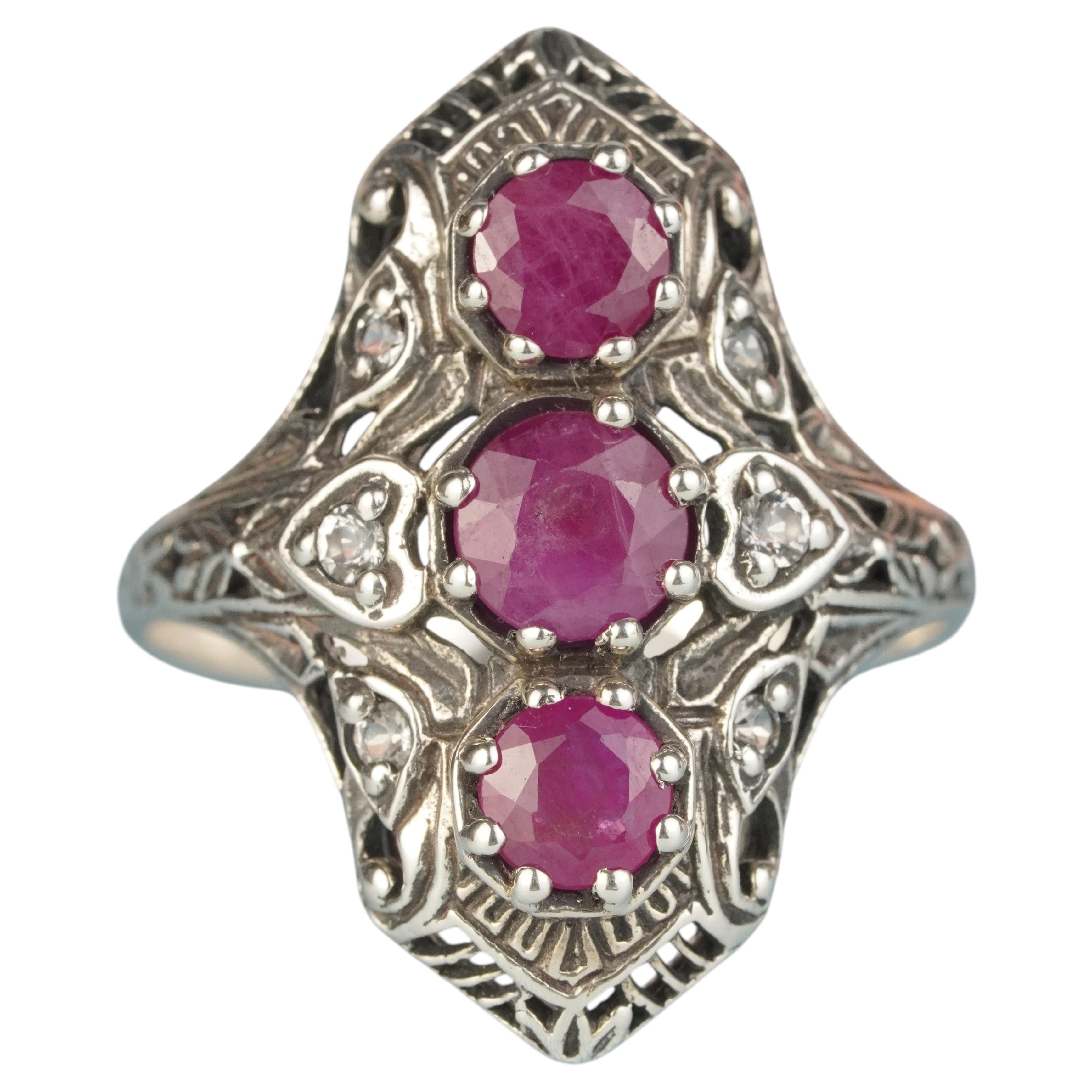 Silver925 Natural Ruby White Topaz Vintage Style Filigree Ring For Sale