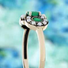 Natural Emerald Pearl Three Stone Cluster Ring in Solid 9K Yellow Gold