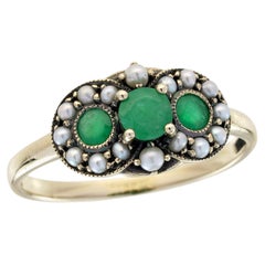 Natural Emerald Pearl Three Stone Cluster Ring in Solid 9K Yellow Gold