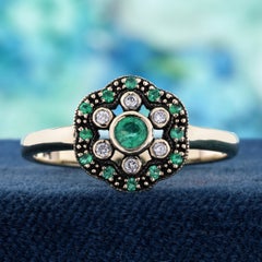 Natural Emerald Diamond Floral Milgrain Ring in Solid 9K Yellow Gold