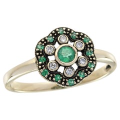 Natural Emerald Diamond Floral Milgrain Ring in Solid 9K Yellow Gold
