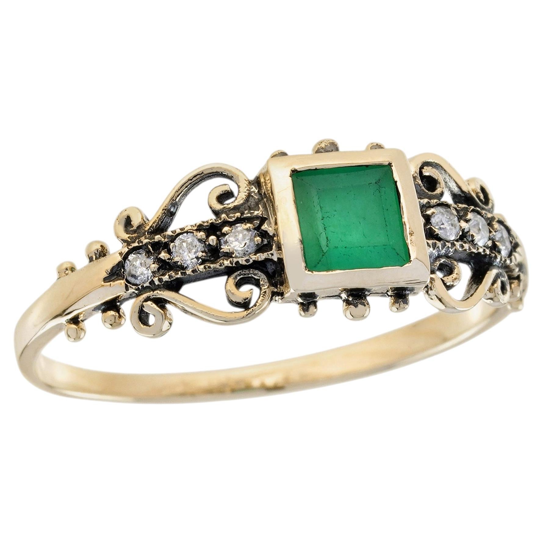 Natural Emerald Diamond Engagement Ring in Solid 14K Yellow Gold