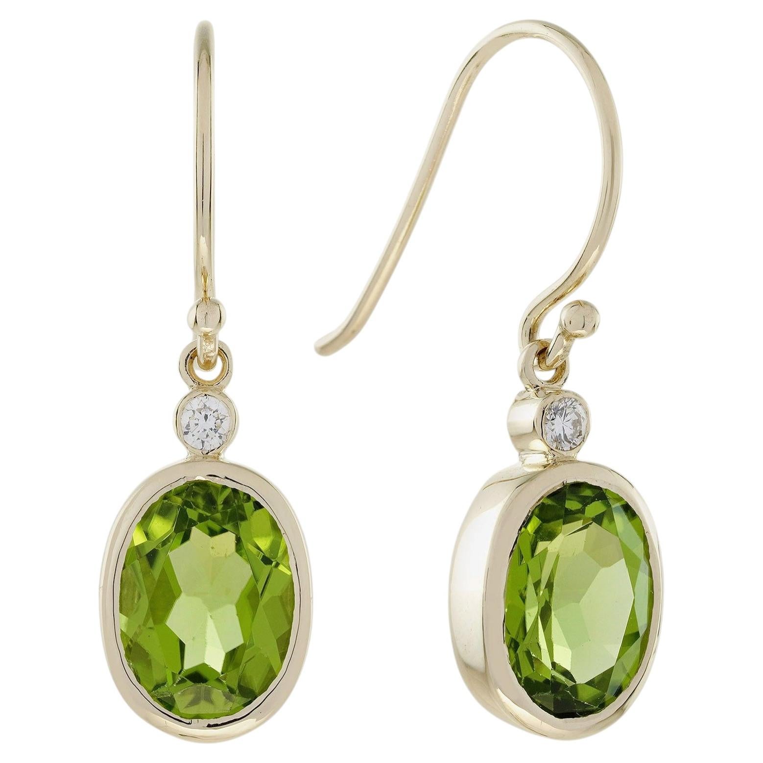 Peridot Diamond Victorian Style Oval Drop Earrings in Solid 9K Gold For Sale