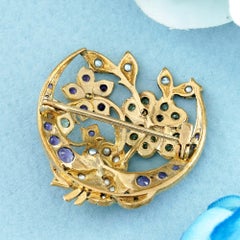 Amethyst Peridot Pearl Moon Flower Vintage Style Brooch in 14K Yellow Gold