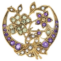 Amethyst Peridot Pearl Moon Flower Vintage Style Brooch in 14K Yellow Gold