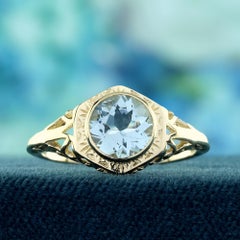Aquamarine Filigree Engagement Ring in Solid 14K Yellow Gold