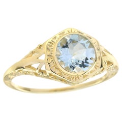 Aquamarine Filigree Engagement Ring in Solid 14K Yellow Gold