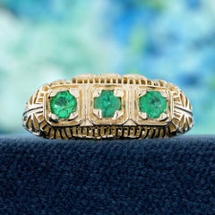 Emerald Three Stone Milgrain Ring in 14K Yellow Gold