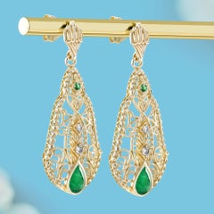 Emerald Diamond Accent Teardrop Filigree Earrings in 9K Yellow Gold