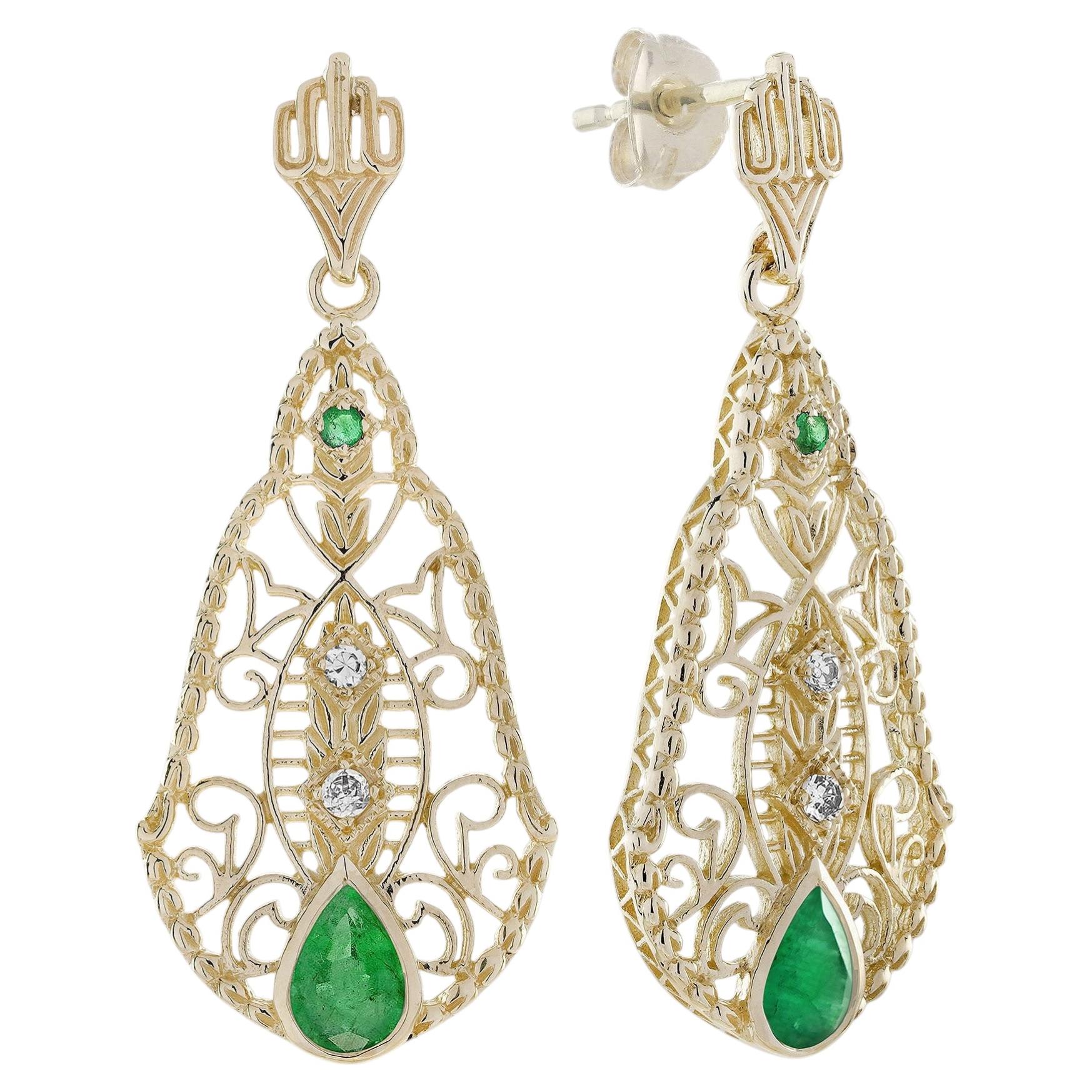 Emerald Diamond Accent Teardrop Filigree Earrings in 9K Yellow Gold For Sale