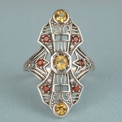 Bague en filigrane de style vintage en argent 925, avec citrine naturelle, grenat et perle