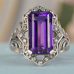 Bague en filigrane de style vintage en argent 925, avec améthyste et topaze blanche de synthèse