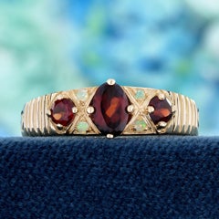 Garnet and Opal Three Stone Band Ring with Milgrain in 9K Yellow Gold