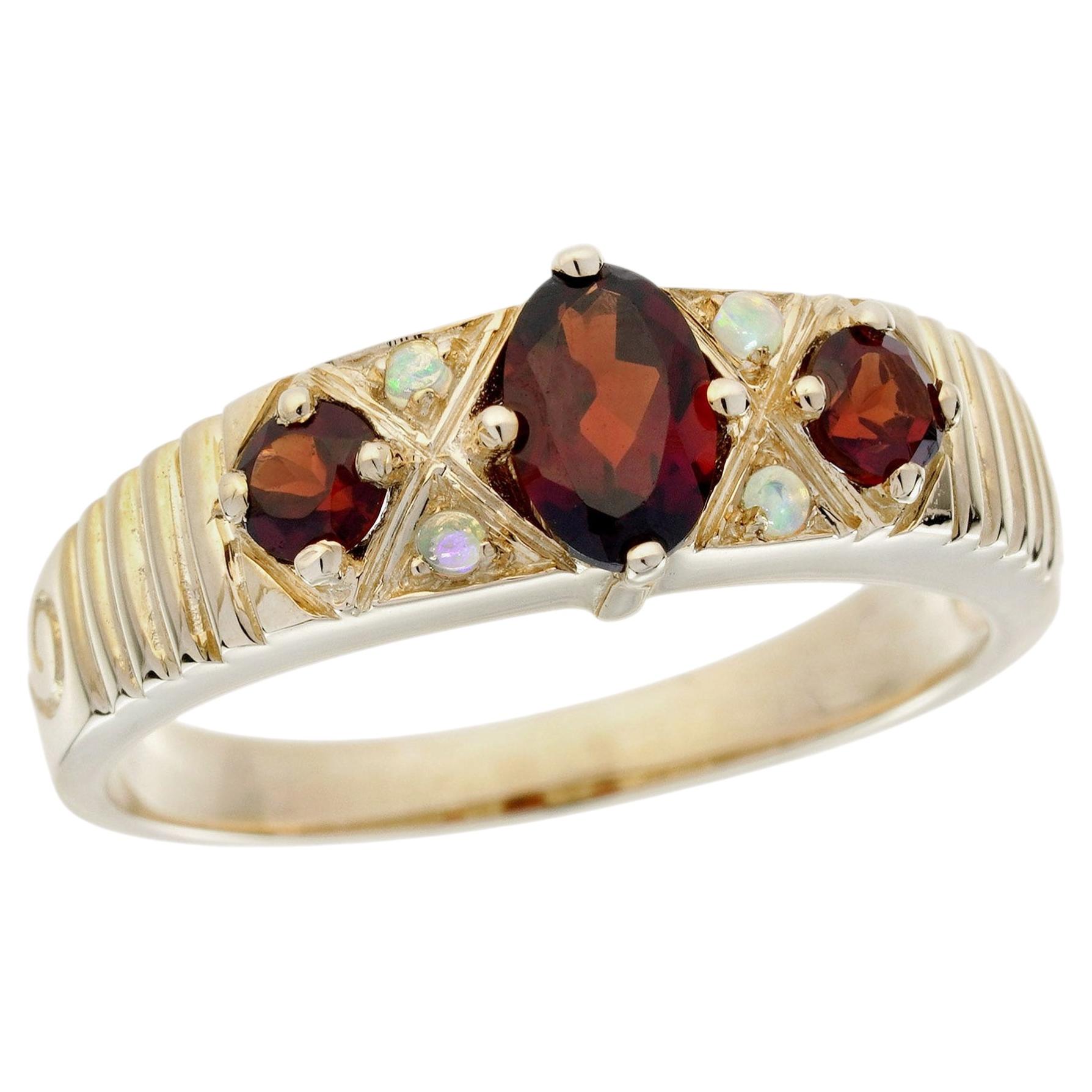 Garnet and Opal Three Stone Band Ring with Milgrain in 9K Yellow Gold For Sale