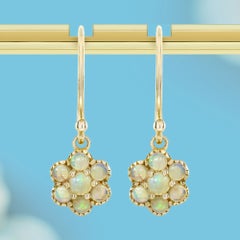 Opal Floral Cluster Drop Earrings in 9K Yellow Gold
