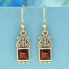 Square Garnet and Diamond Scroll Drop Earrings in 9K Yellow Gold