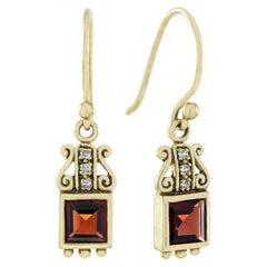 Square Garnet and Diamond Scroll Drop Earrings in 9K Yellow Gold