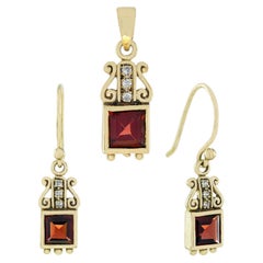Garnet and Diamond Scroll Jewelry Set in 9K Yellow Gold