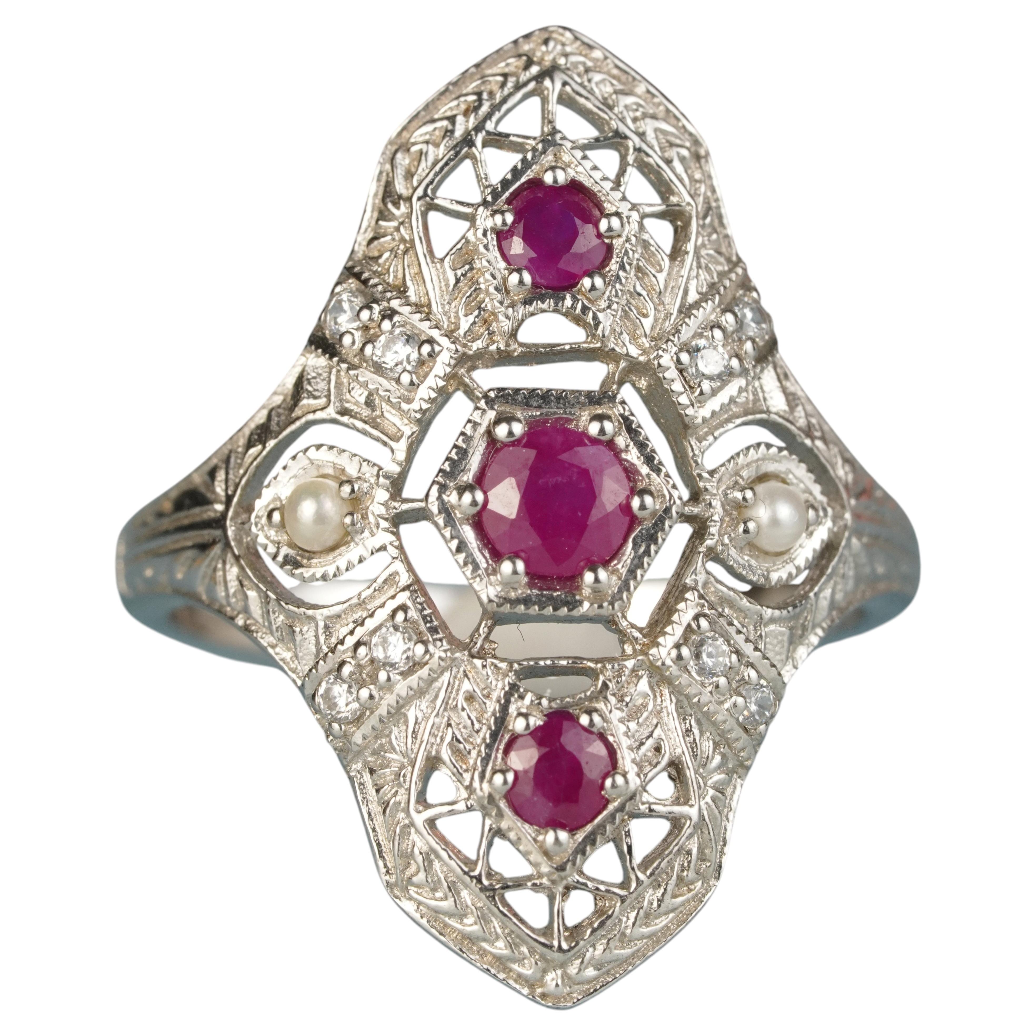 Silver925 Ruby Pearl Diamond Vintage Style Filigree Ring