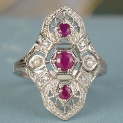 Anello in argento 925 con rubino, perla e diamanti, in stile vintage con lavorazione a filigrana