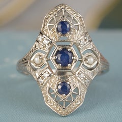 Filigranring im Vintage-Stil aus 925er Silber mit Saphir, Perle und Zirkonia