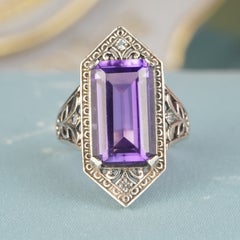 Silver925 Lab Created Amethyst White Topaz Vintage Style  Filigree Ring