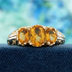 Oval Citrine Three Stone Ring with Milgrain Details in 9K Yellow Gold