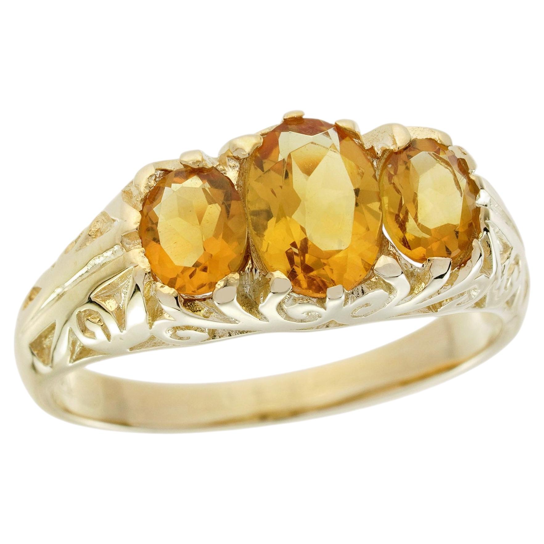 Oval Citrine Three Stone Ring with Milgrain Details in 9K Yellow Gold For Sale