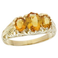 Oval Citrine Three Stone Ring with Milgrain Details in 9K Yellow Gold