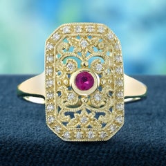 Ruby Diamond Edwardian Style Filigree Ring in 14K Gold