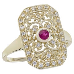 Ruby Diamond Edwardian Style Filigree Ring in 14K Gold