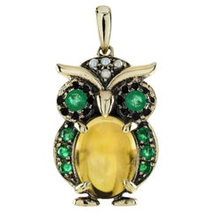 Citrine Emerald and Pearl Owl Motif Pendant in 9K Yellow Gold