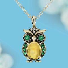 Citrine Emerald and Pearl Owl Motif Pendant in 9K Yellow Gold
