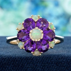 Opal and Amethyst Floral Cluster Ring in 9K Yellow Gold