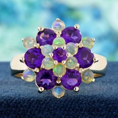 Amethyst and Opal Floral Cluster Ring in 9K Yellow Gold
