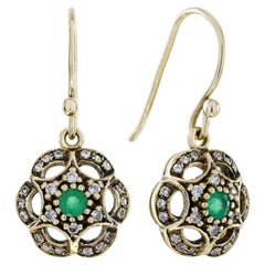 Emerald and Diamond Openwork Floral Stud Earrings in 9K Yellow Gold