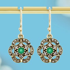 Emerald and Diamond Openwork Floral Stud Earrings in 9K Yellow Gold