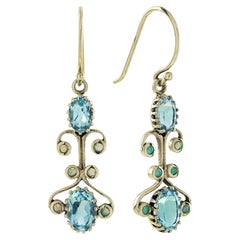 Blue Topaz Opal Filigree Drop Earrings in 9K Yellow Gold