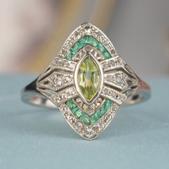 Silver925 Natural Peridot Emerald White Topaz Vintage Style Filigree Ring