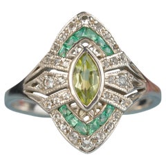 Silver925 Natural Peridot Emerald White Topaz Vintage Style Filigree Ring