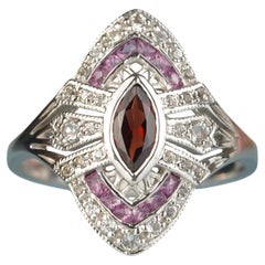 Silver925 Natural Garnet Rhodolite White Topaz Vintage Style Filigree Ring