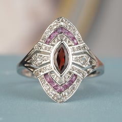 Silver925 Natural Garnet Rhodolite White Topaz Vintage Style Filigree Ring
