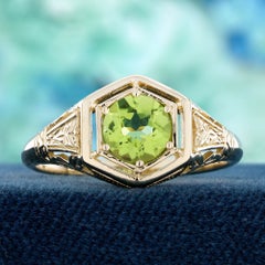 Peridot Art Deco Style Filigree Engagement Ring in 9K Gold