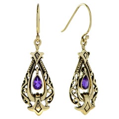 Amethyst Drop Earrings in 9K Yellow Gold Openwork Filigree