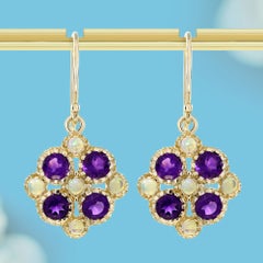 Amethyst Opal Floral Cluster Drop Earrings in 9k Yellow Gold