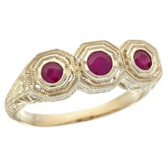 Art Deco Three Stone Ruby Octagonal Bezel Three Stone Ring in 14K Gold